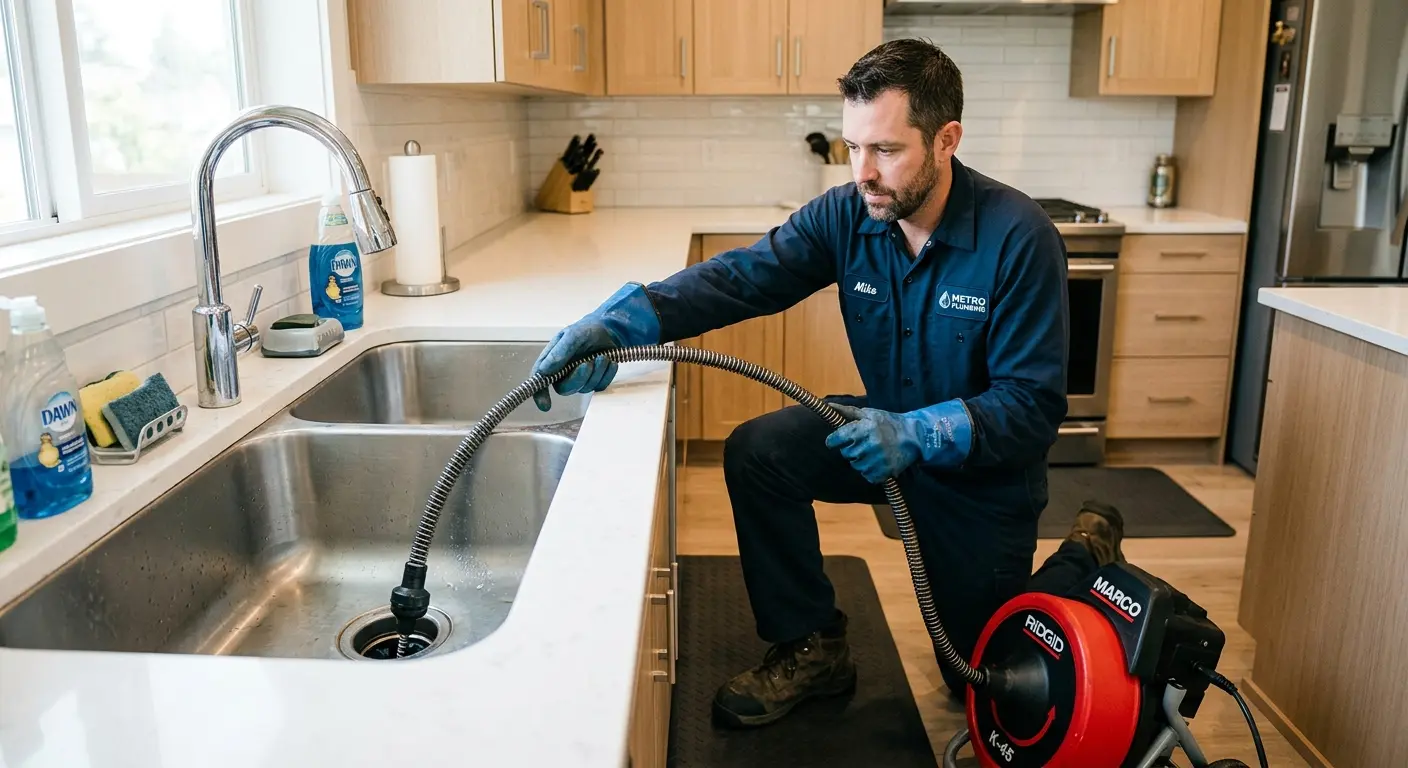 Drain cleaning technician using a motorized snake on a kitchen sink in East Marlborough
