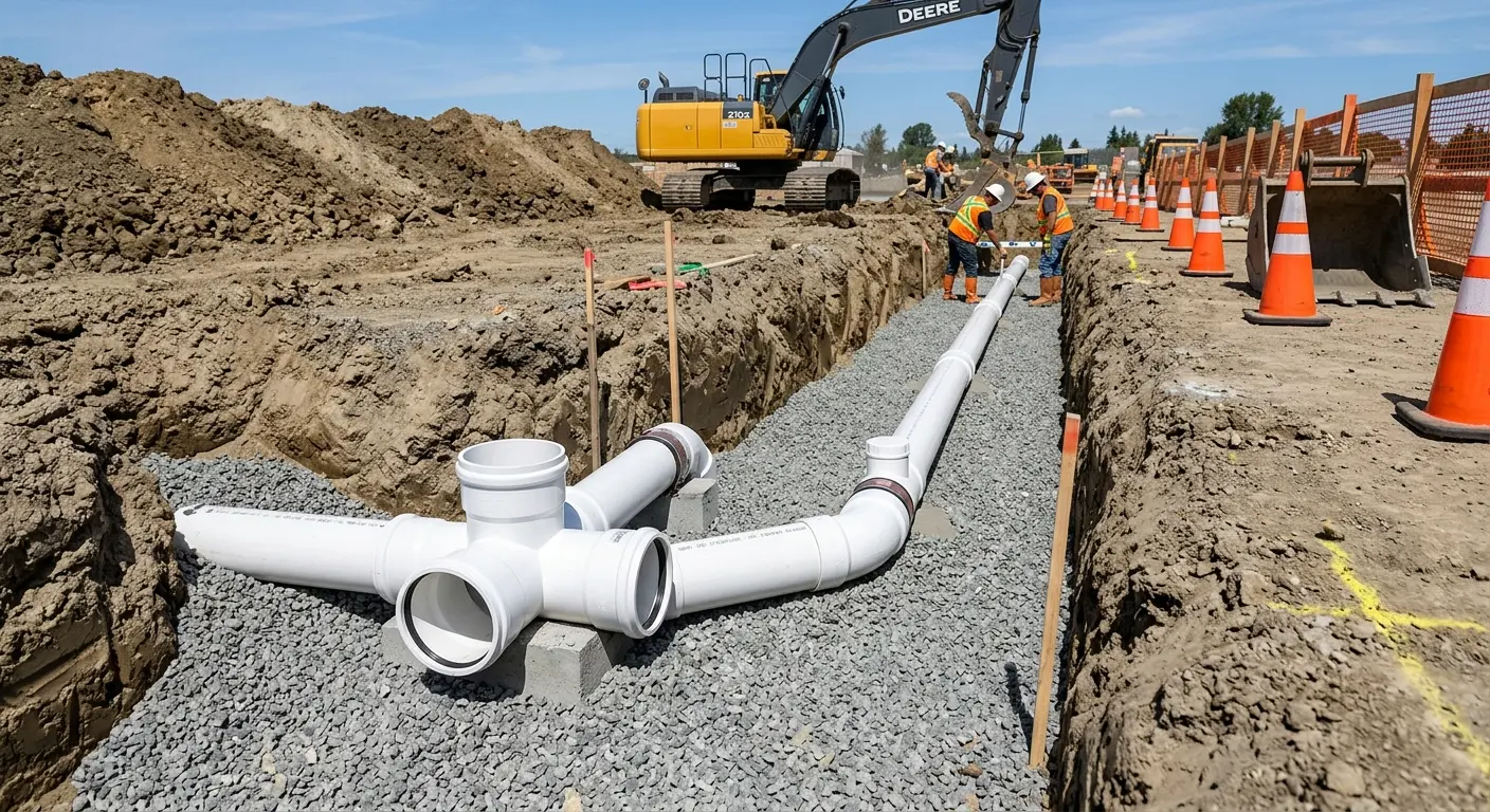 New PVC sewer pipe installation in open trench for Commercial Drain Cleaning in East Marlborough