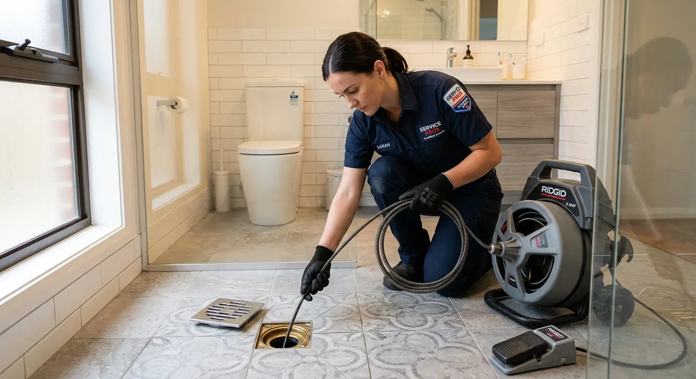 Technician clearing a bathroom floor drain for Drain Repair in East Marlborough